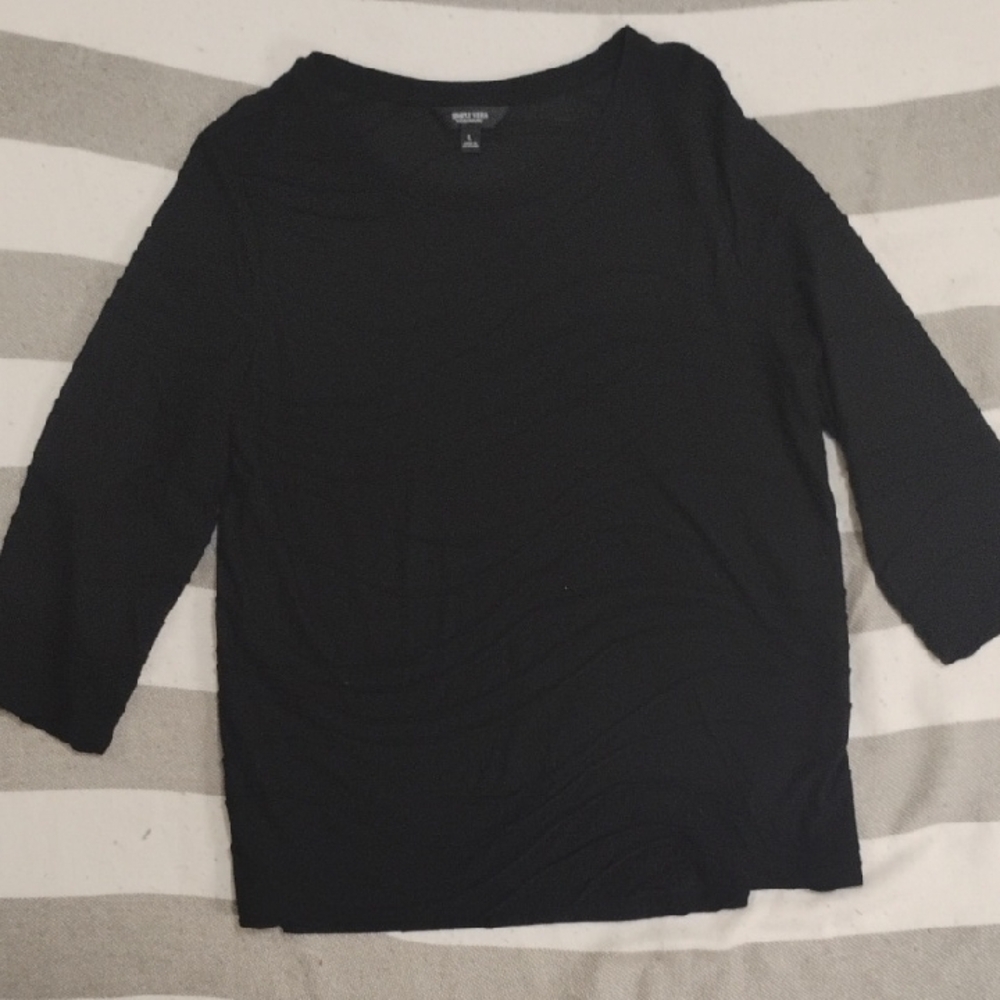 Simply Vera Wang Black Large Long Sleeve Top Rouching Striped Details Semi Sheer
